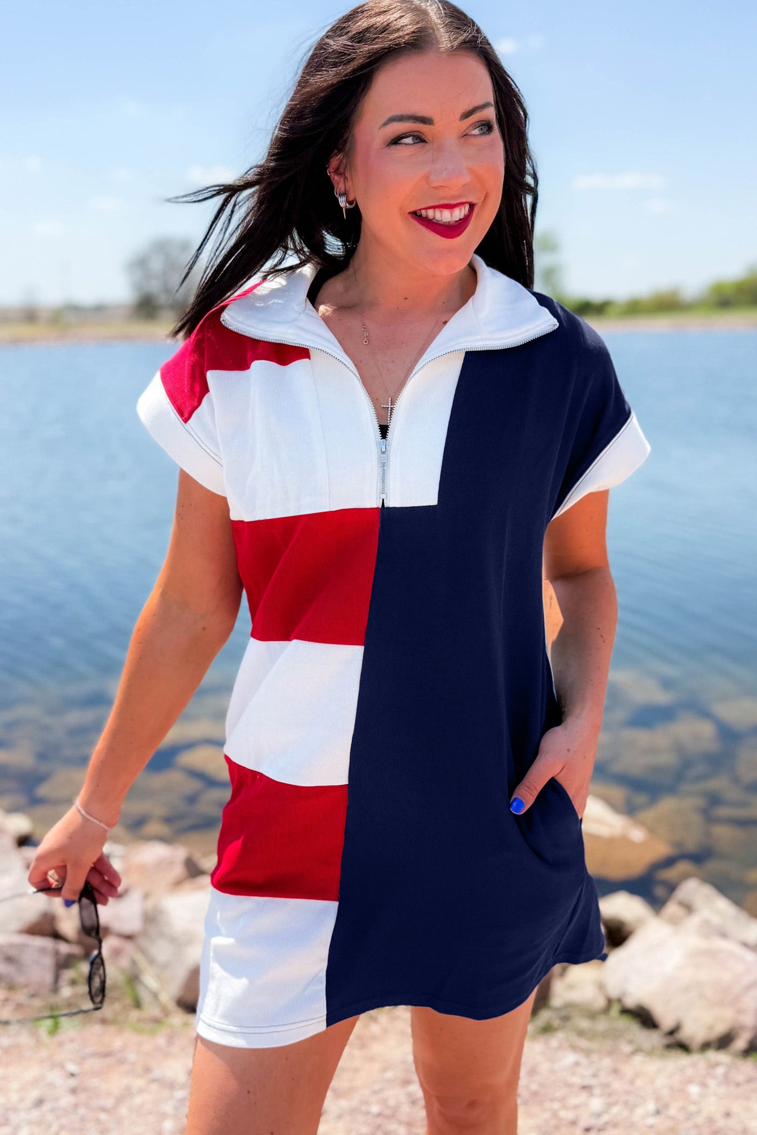 Navy Blue Americana Colorblock Stripes Zip up Collared T Shirt Mini Dress-TOPS / DRESSES-[Adult]-[Female]-2022 Online Blue Zone Planet