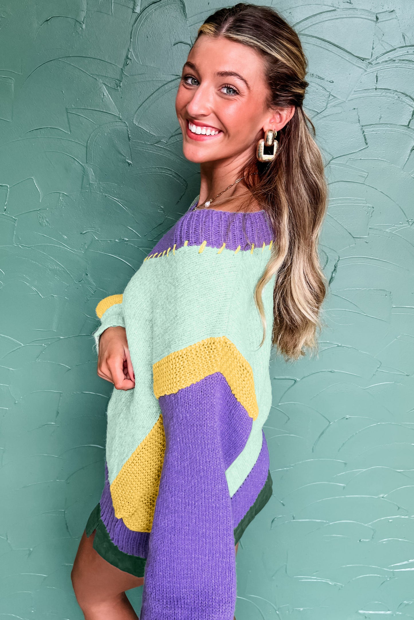 Green Stitched V Neck Color Block Knitted Drop Shoulder Sweater-TOPS / DRESSES-[Adult]-[Female]-2022 Online Blue Zone Planet