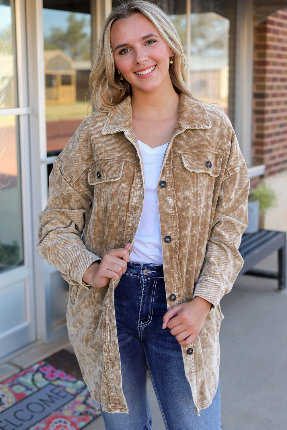 Khaki Vintage Distressed Mineral Wash Oversized Shacket-Sale (50% OFF)/30% OFF-[Adult]-[Female]-Khaki-S-2022 Online Blue Zone Planet