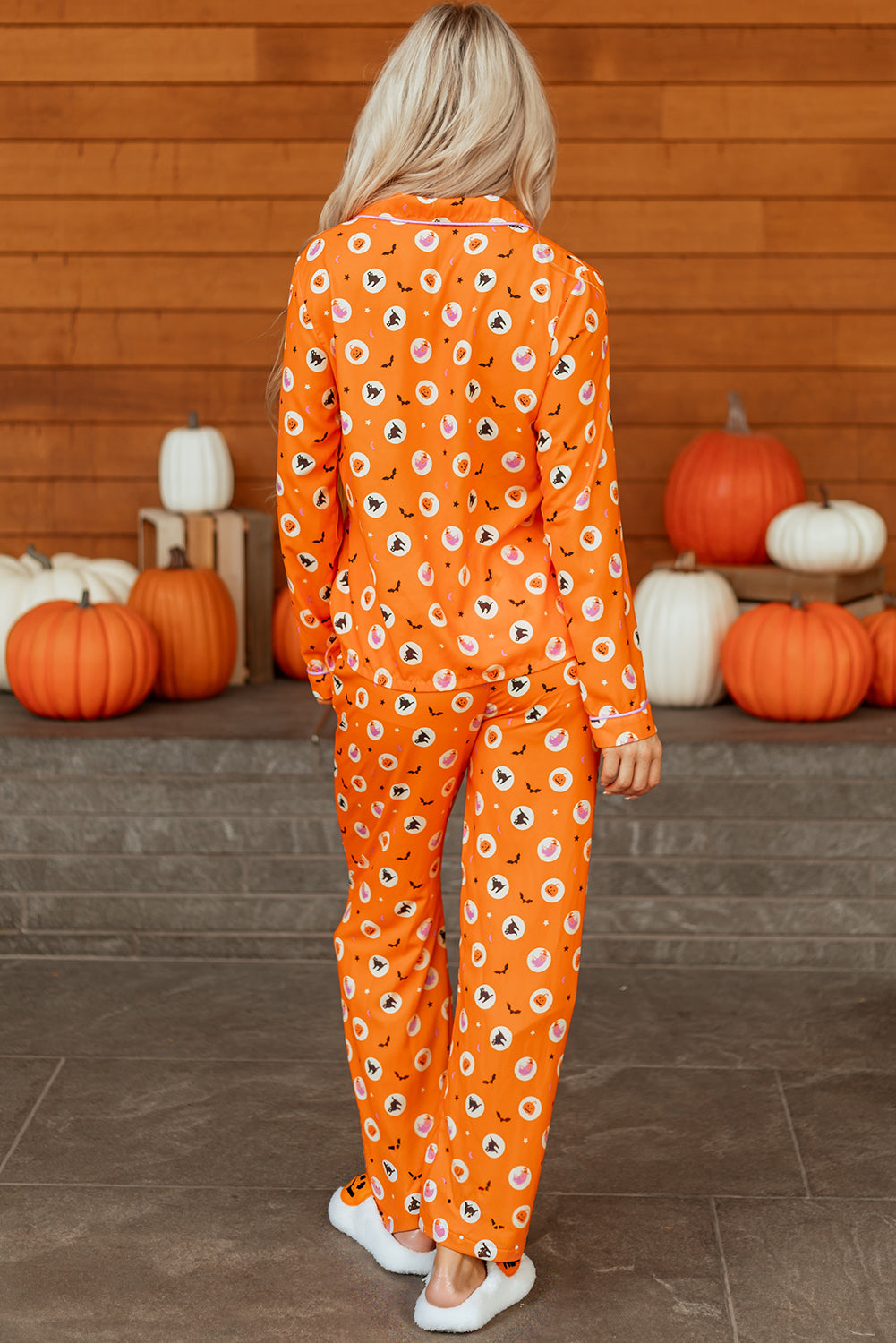 Orange Halloween Print Lapel Shirt Long 2pcs Pajama Set-Loungewear & Sleepwear/Sleepwear-[Adult]-[Female]-2022 Online Blue Zone Planet