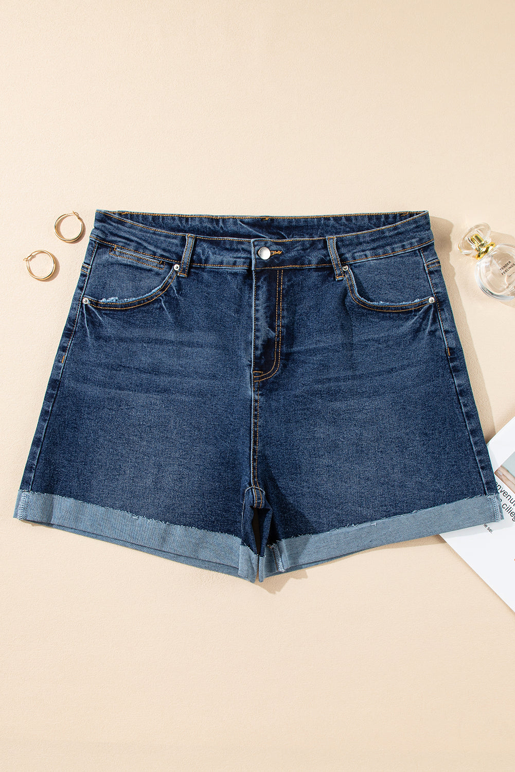 Sail Blue Folded Edge High Waist Plus Size Denim Shorts-Plus Size/Plus Size Bottoms-[Adult]-[Female]-2022 Online Blue Zone Planet