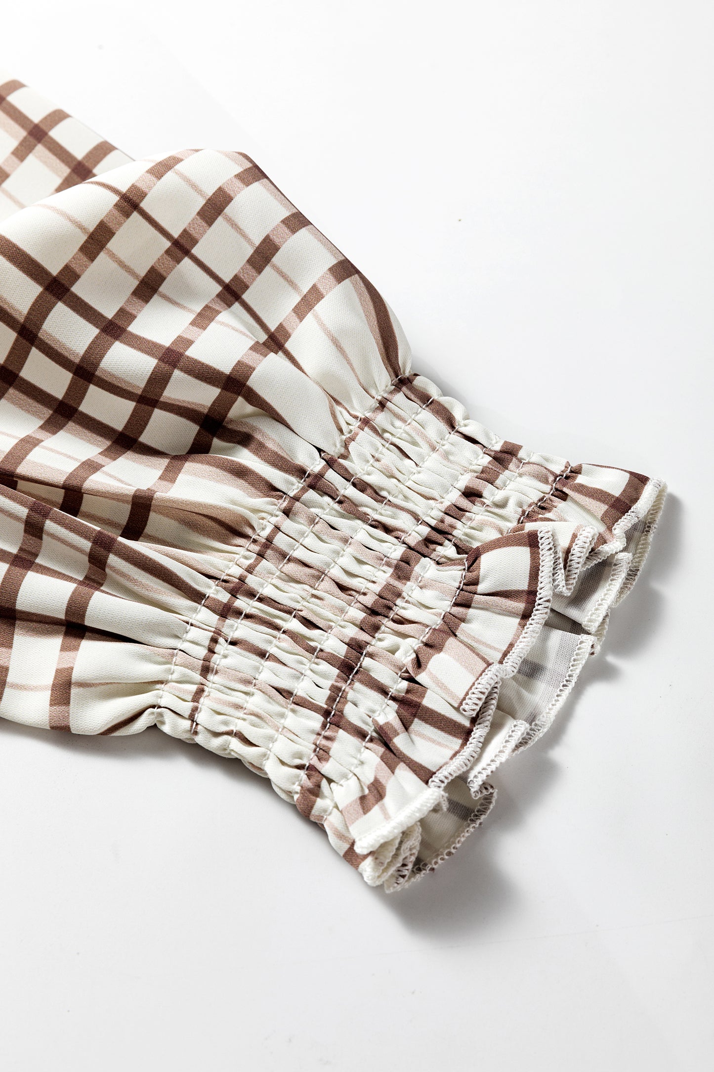 White Plaid Print Frilled Puffy Half Sleeve Blouse-Tops/Blouses & Shirts-[Adult]-[Female]-2022 Online Blue Zone Planet