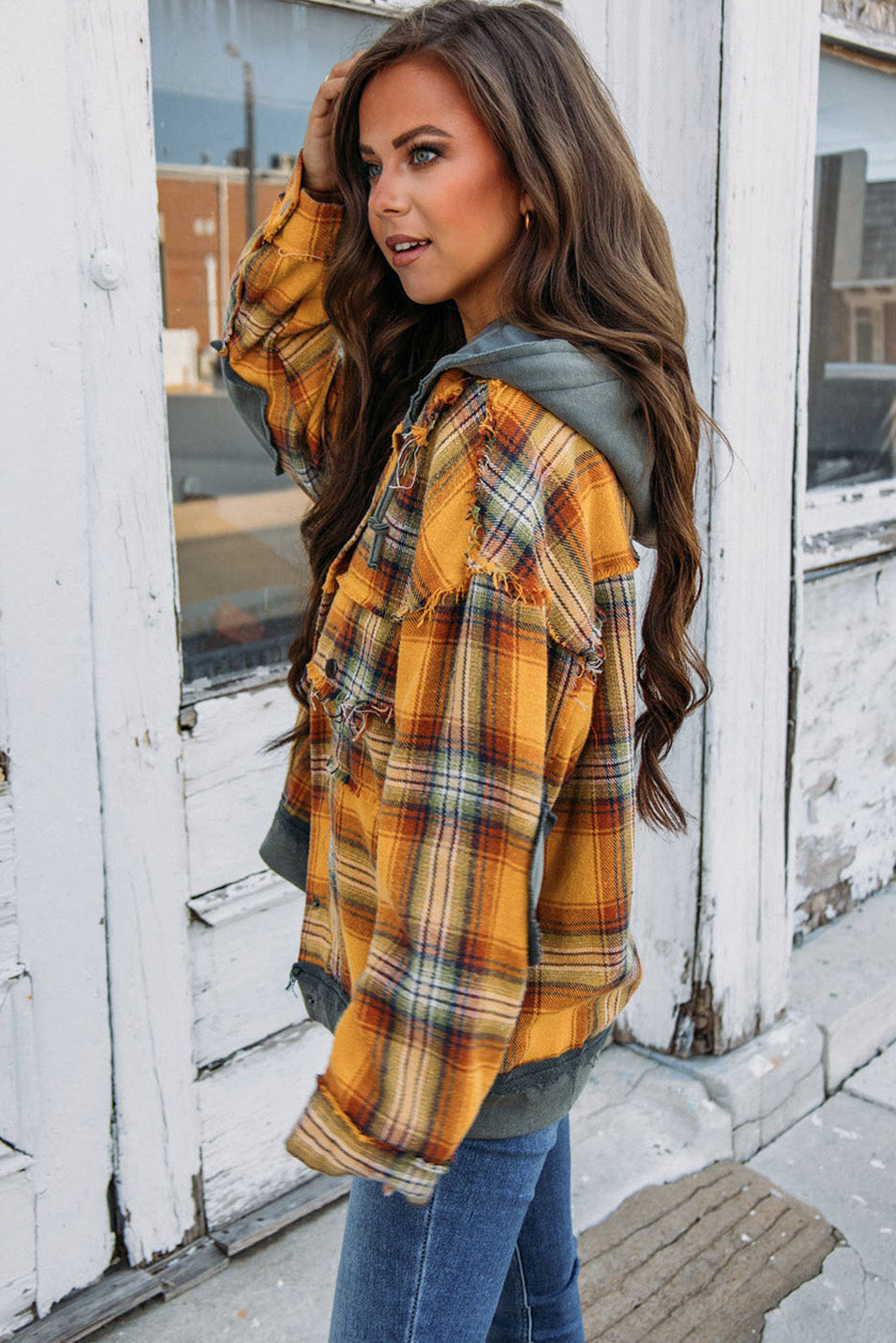 Orange Plaid Patch Hooded Frayed Snap Button Jacket-Outerwear/Plaid Shackets-[Adult]-[Female]-2022 Online Blue Zone Planet