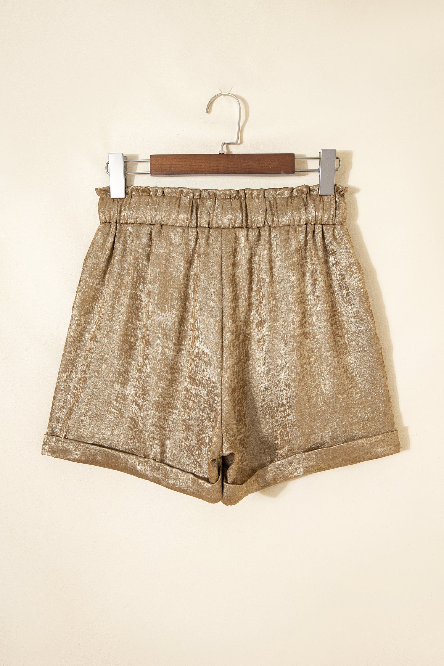 Gold Metallic Luster Tie Elastic Waist Cuffed Hem Shorts-Bottoms/Casual Shorts-[Adult]-[Female]-2022 Online Blue Zone Planet