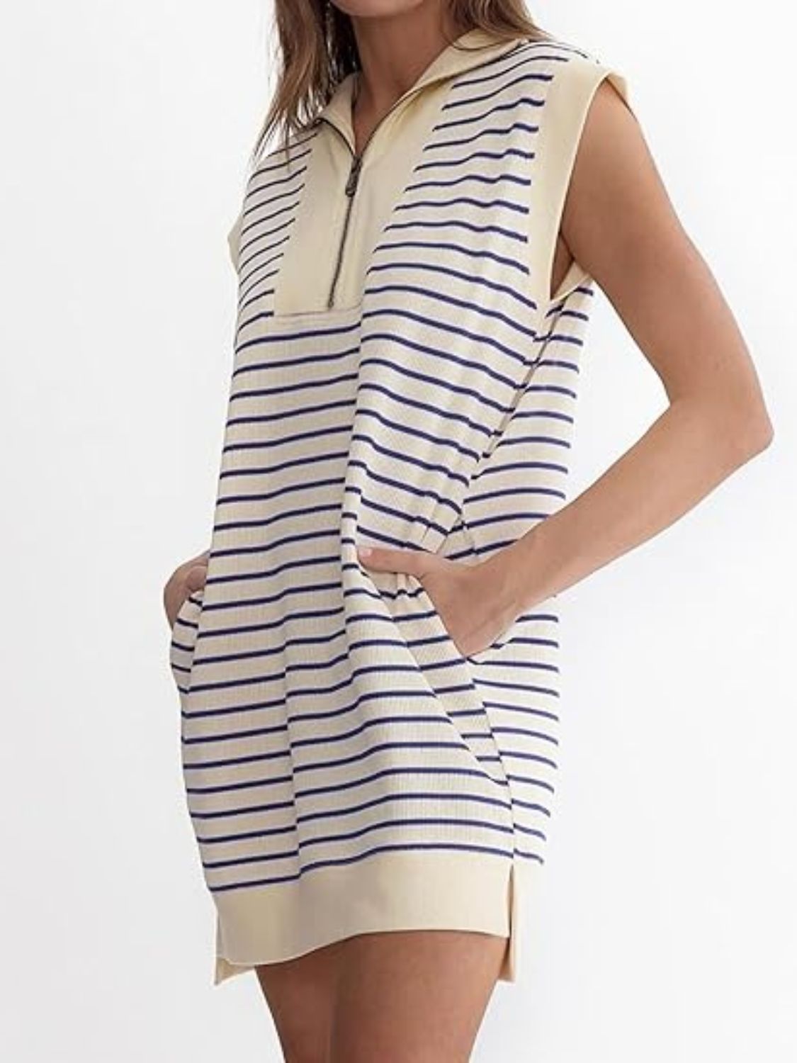 Blue Zone Planet | Full Size Pocketed Striped Quarter Zip Cap Sleeve Dress-TOPS / DRESSES-[Adult]-[Female]-2022 Online Blue Zone Planet