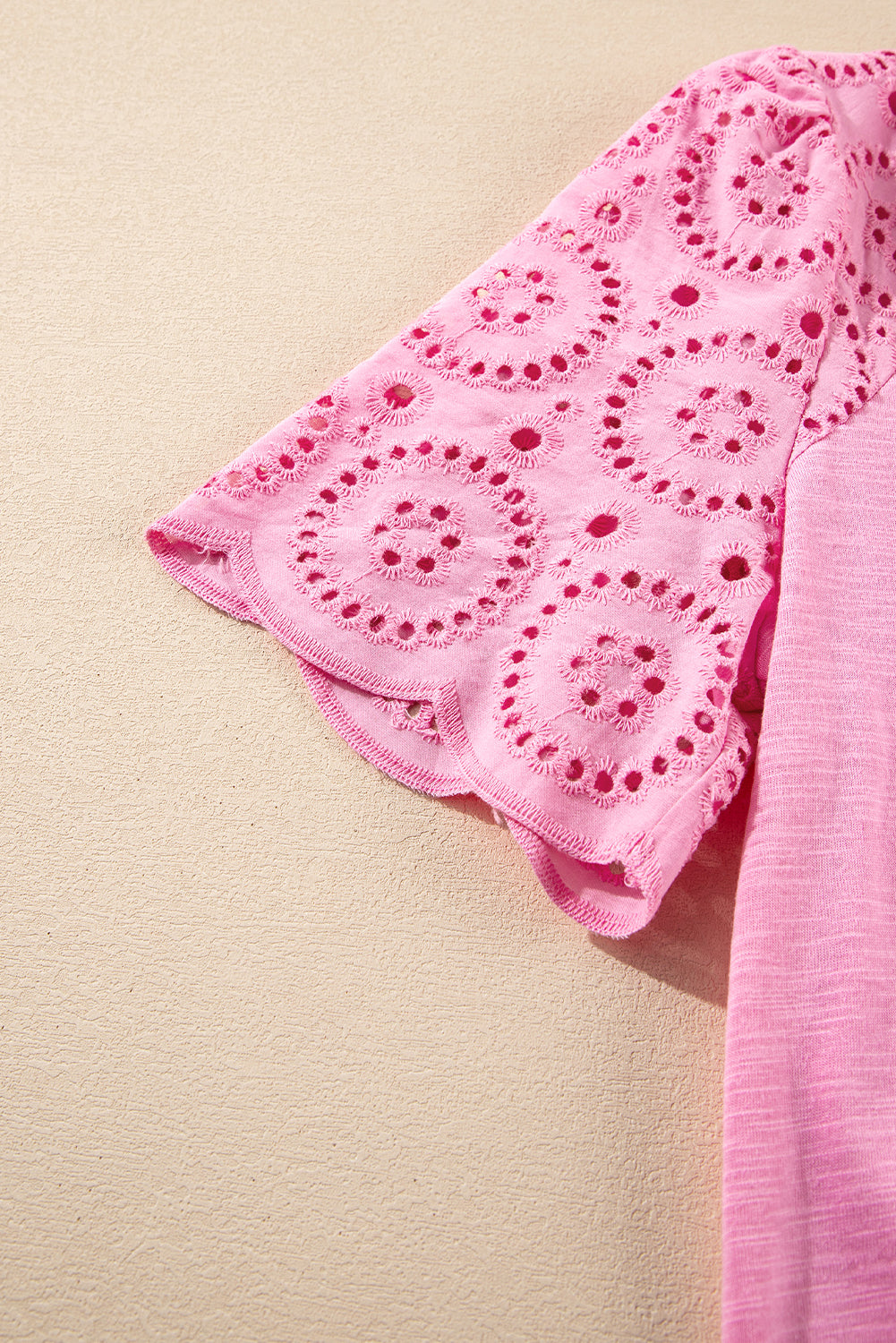 Pink Eyelet Embroidery Scalloped Sleeve Round Neck T Shirt-Tops/Tops & Tees-[Adult]-[Female]-2022 Online Blue Zone Planet