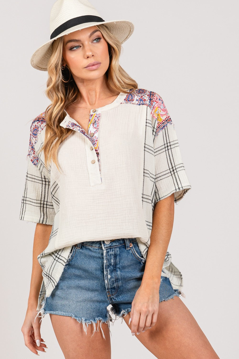 Blue Zone Planet | SAGE + FIG Plaid Half Button Gauze Top-TOPS / DRESSES-[Adult]-[Female]-2022 Online Blue Zone Planet