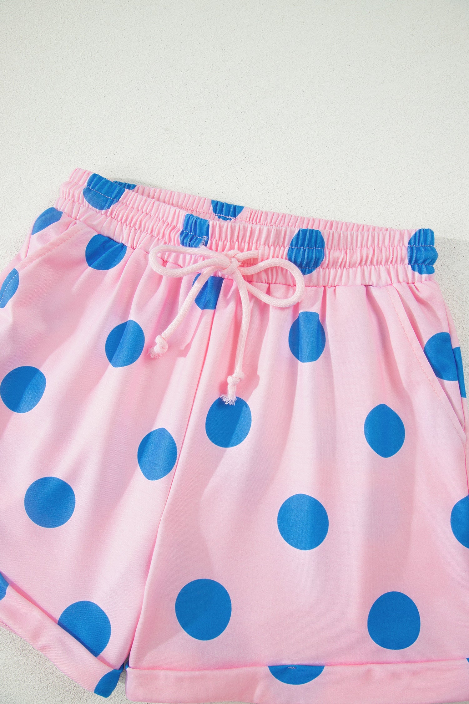 Beige Polka Dot Print V Neck Tee Short Set-Two Piece Sets/Short Sets-[Adult]-[Female]-2022 Online Blue Zone Planet