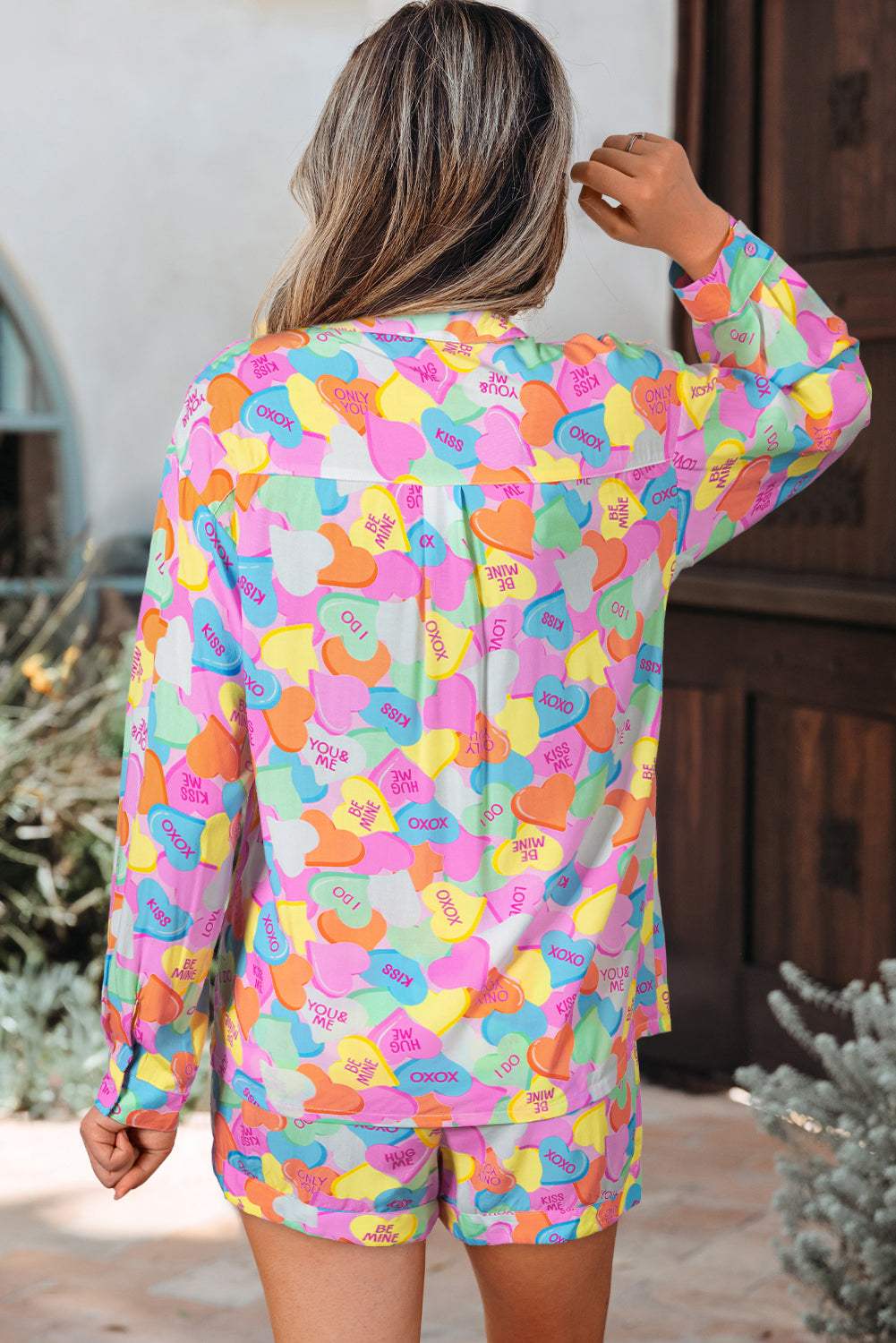 Pink Valentines Candy Heart V Neck Collared Tunic Shirt and Shorts 2pcs Pajama Set-Loungewear & Sleepwear/Loungewear-[Adult]-[Female]-2022 Online Blue Zone Planet