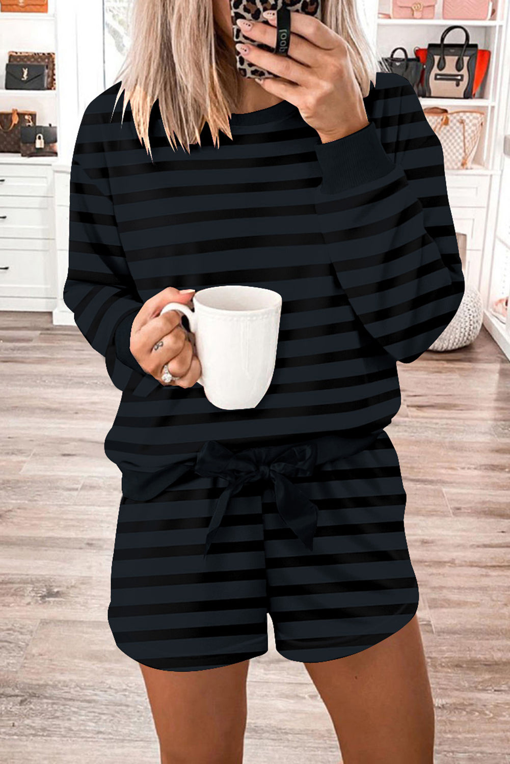 Gray Printed Leopard Long Sleeve Satin Tie Shorts Two Piece Set-Loungewear & Sleepwear/Loungewear-[Adult]-[Female]-2022 Online Blue Zone Planet