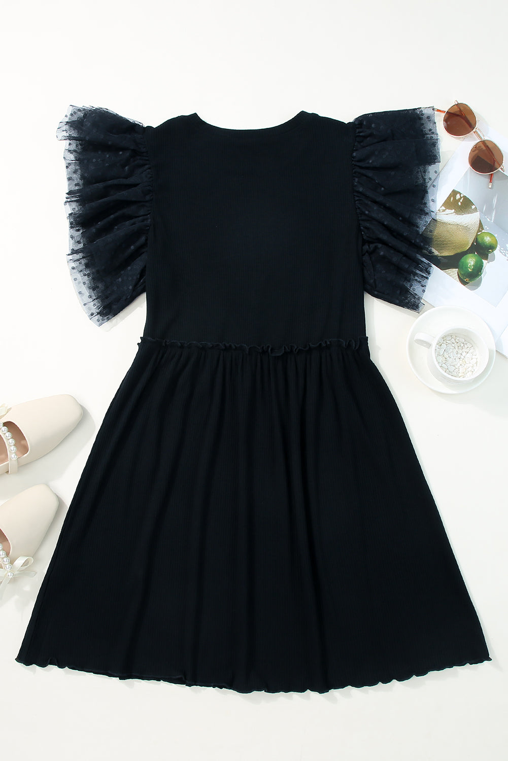 Black Dotty Mesh Ruffle Sleeve Ribbed Knit Babydoll Mini Dress-Dresses/Mini Dresses-[Adult]-[Female]-2022 Online Blue Zone Planet