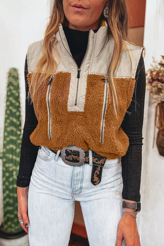 Chestnut Color Block Plush Patchwork Zipper Stand Neck Vest-Outerwear/Vests-[Adult]-[Female]-Chestnut-S-2022 Online Blue Zone Planet