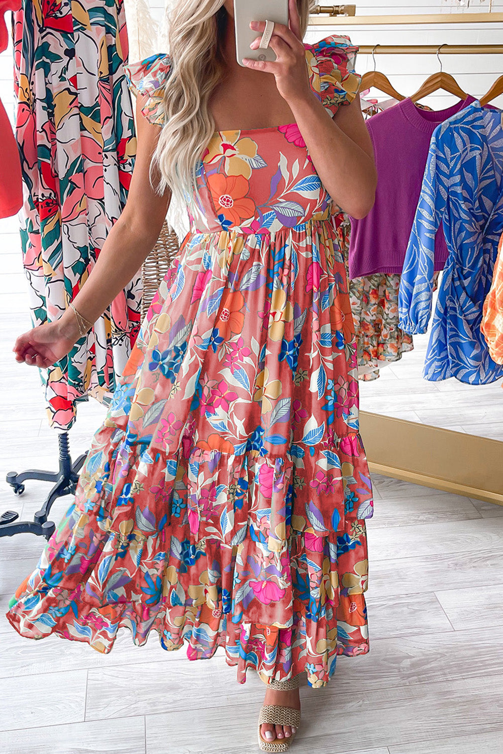 Pink Floral Print Sleeveless Ruffle Tiered Maxi Dress-Maxi Dresses-[Adult]-[Female]-2022 Online Blue Zone Planet