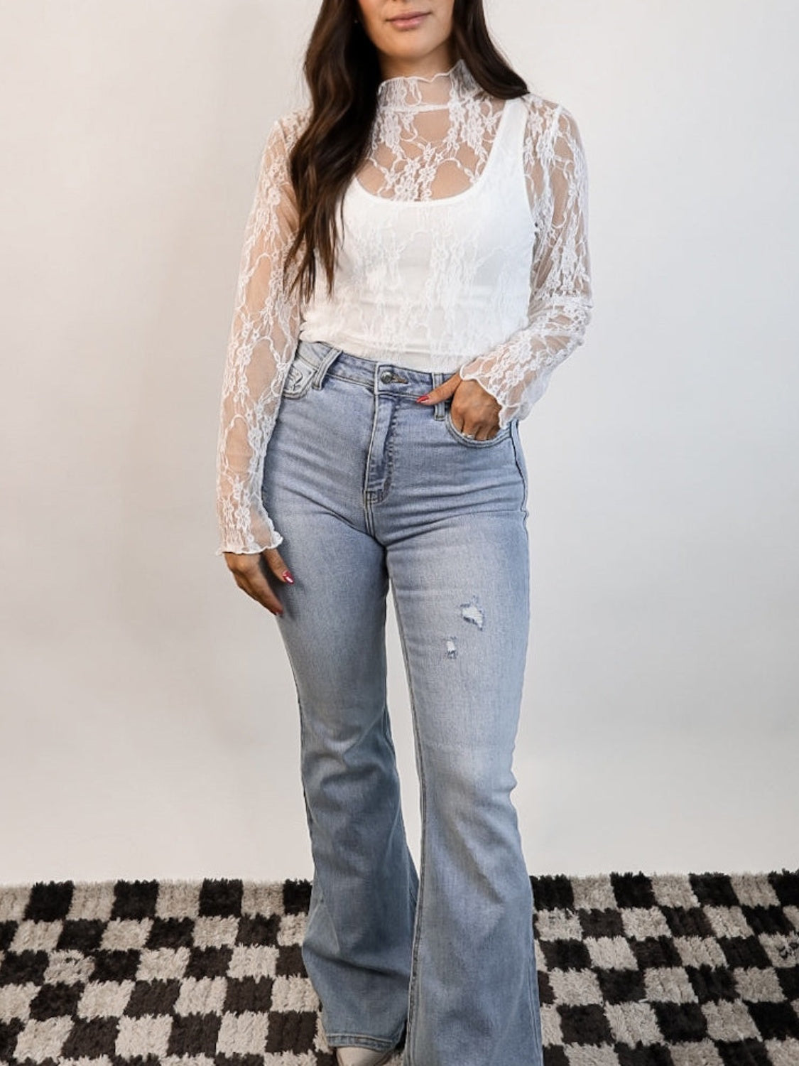 Lace Mock Neck Long Sleeve Top-TOPS / DRESSES-[Adult]-[Female]-2022 Online Blue Zone Planet