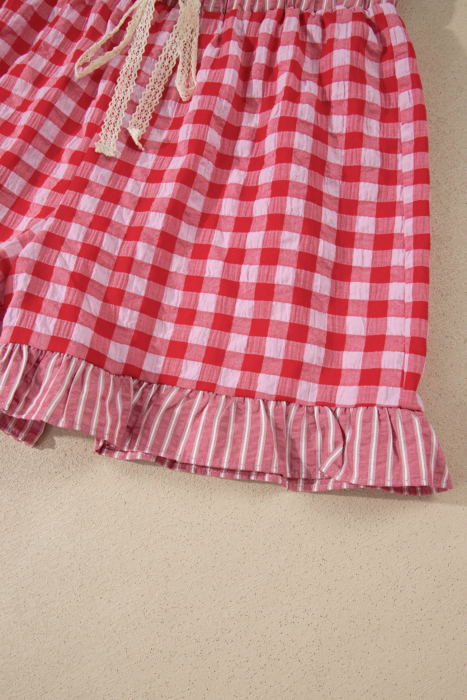 Red Gingham Print Ruffle Striped Detail Lace Tie Shorts-Bottoms/Casual Shorts-[Adult]-[Female]-2022 Online Blue Zone Planet