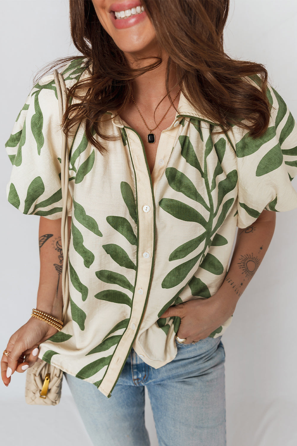 Green Leaf Print Short Balloon Sleeve Shirt-Tops/Blouses & Shirts-[Adult]-[Female]-2022 Online Blue Zone Planet