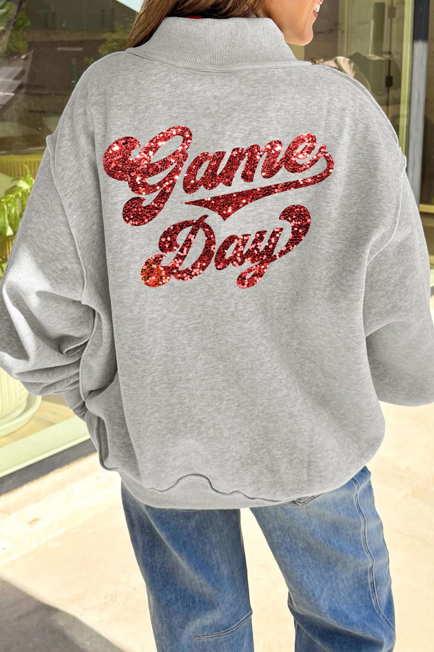 Light Grey Football Patch Sequin Game Day Lettering Mock Neck Tunic Sweatshirt-Graphic/Graphic Sweatshirts-[Adult]-[Female]-2022 Online Blue Zone Planet