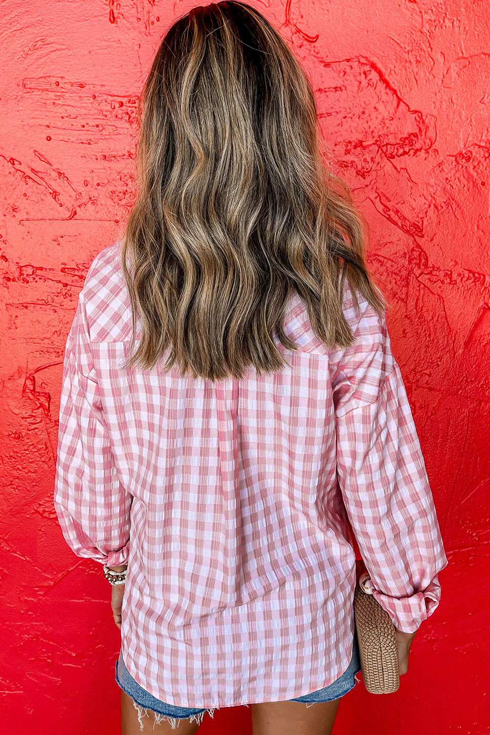 Pink Gingham Print Chest Pockets Buttoned Collared Shirt-Tops/Blouses & Shirts-[Adult]-[Female]-2022 Online Blue Zone Planet