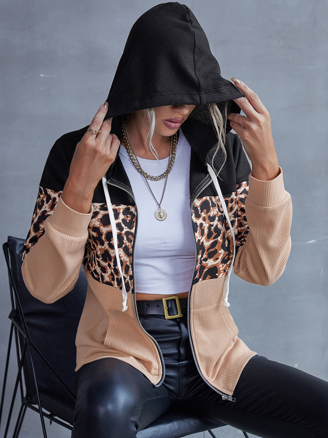 Drawstring Leopard Zip Up Hooded Jacket-TOPS / DRESSES-[Adult]-[Female]-2022 Online Blue Zone Planet