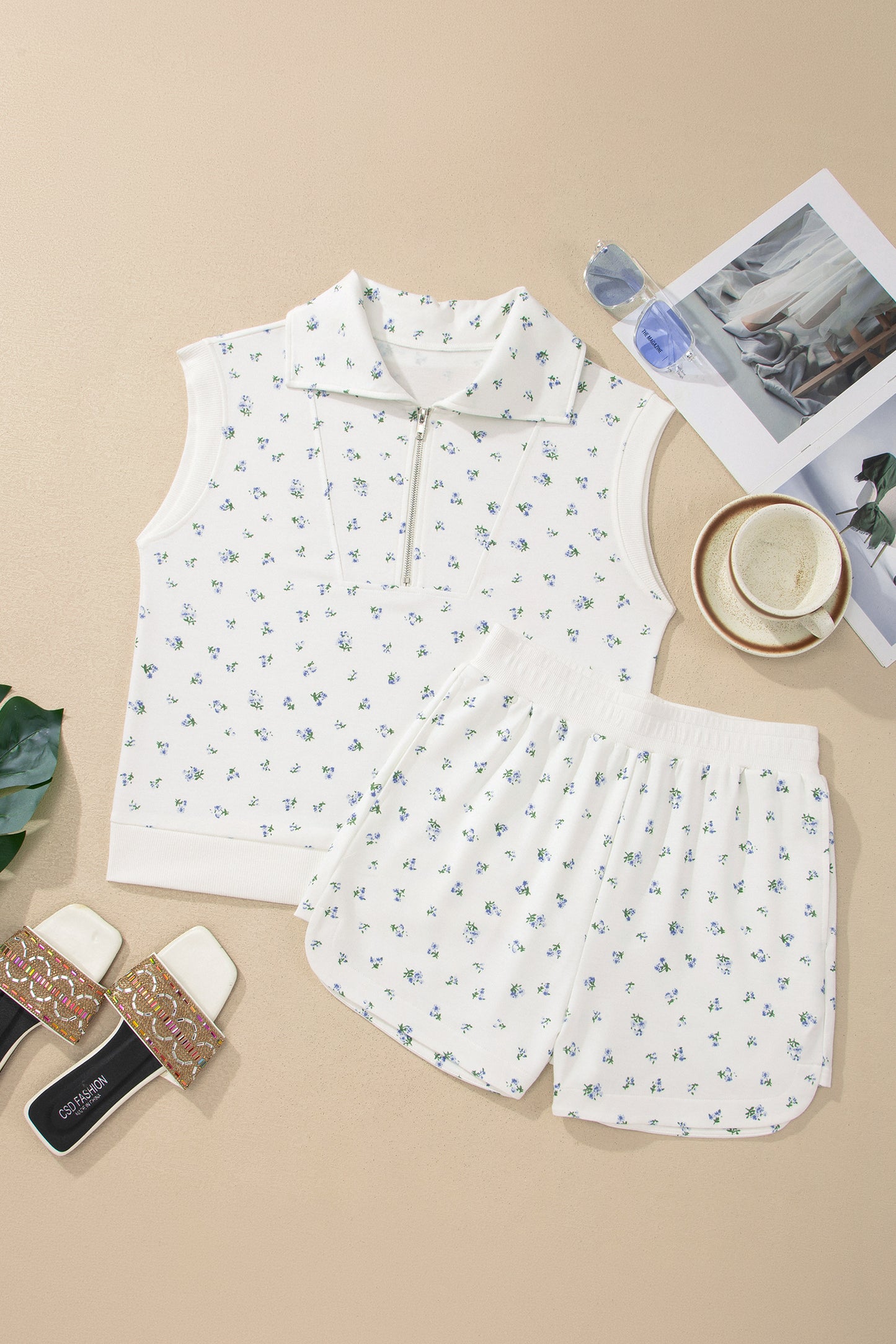 White Floral Print Half Zip Top Matching Short Set-Two Piece Sets/Short Sets-[Adult]-[Female]-2022 Online Blue Zone Planet