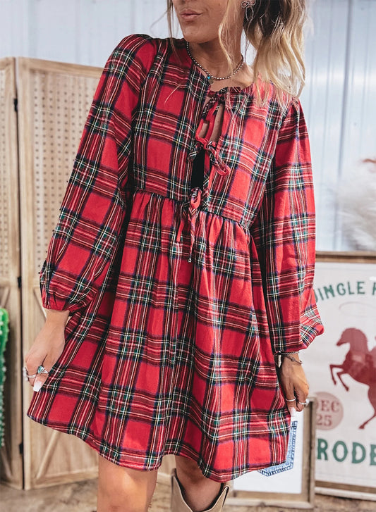 Red Plaid Tie Front Long Sleeve Short Shift Dress-TOPS / DRESSES-[Adult]-[Female]-2022 Online Blue Zone Planet