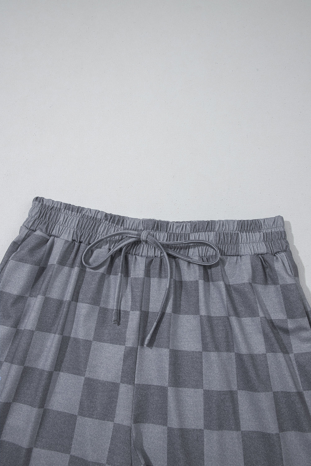 Gray Checkered V Neck Tee Drawstring Shorts Lounge Set-Loungewear & Sleepwear/Loungewear-[Adult]-[Female]-2022 Online Blue Zone Planet