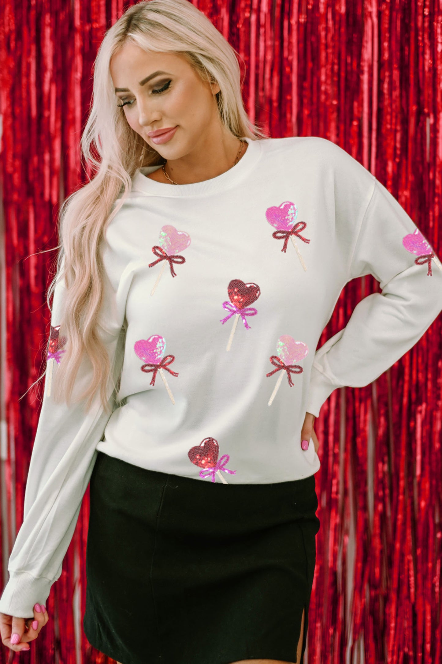 White Sequin Bow Heart Shape Lolly Valentines Day Graphic Sweatshirt-Graphic Sweatshirts-[Adult]-[Female]-2022 Online Blue Zone Planet