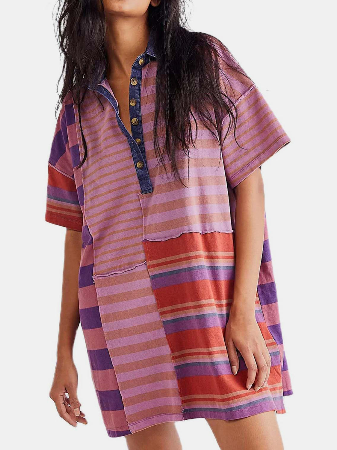 Blue Zone Planet | Exposed Seam Striped Half Sleeve Mini Dress-TOPS / DRESSES-[Adult]-[Female]-Moonlit Mauve-S-2022 Online Blue Zone Planet