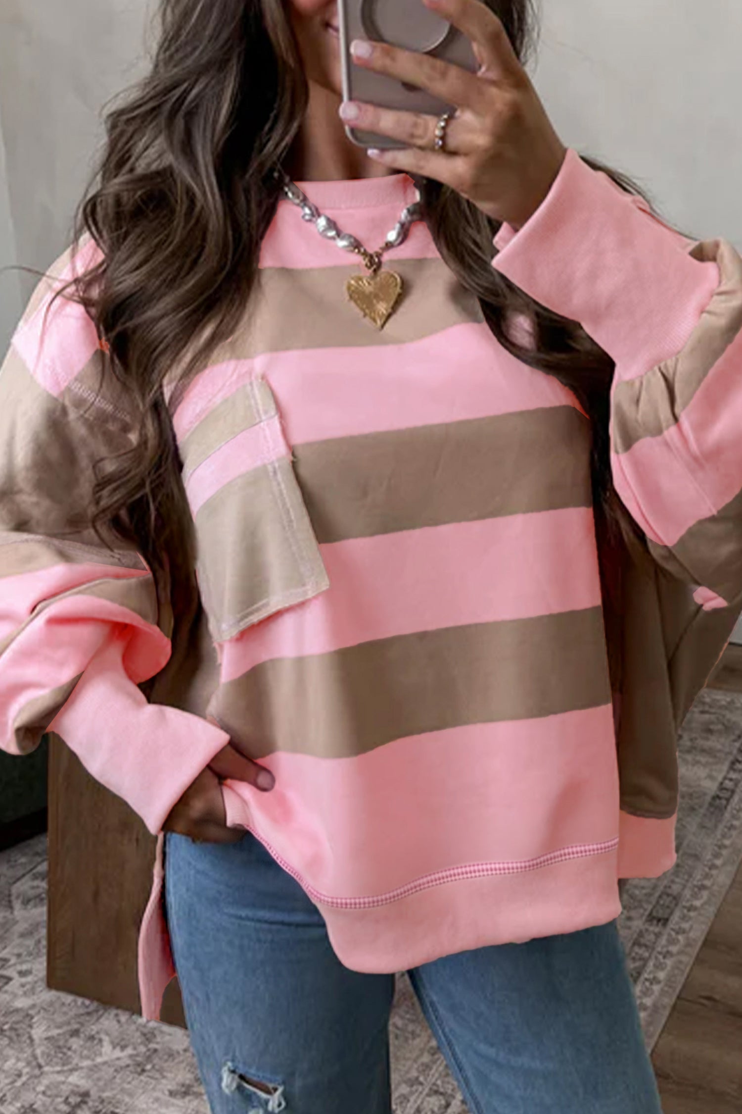 Pink Stripe Striped Colorblock Patch Pocket Split Hem Oversized Long Sleeve Sweatshirt-Tops/Sweatshirts & Hoodies-[Adult]-[Female]-Pink Stripe-S-2022 Online Blue Zone Planet