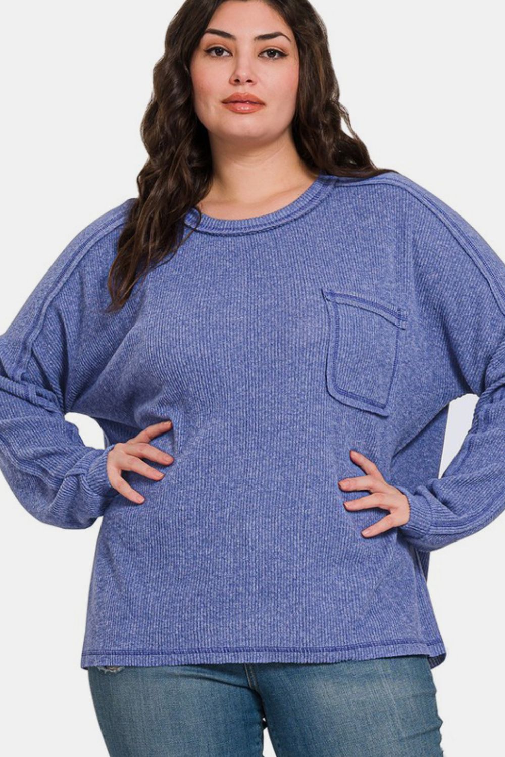 Zenana Full Size Contrast Stitching Brushed Ribbed Hacci Knit Top-TOPS / DRESSES-[Adult]-[Female]-2022 Online Blue Zone Planet