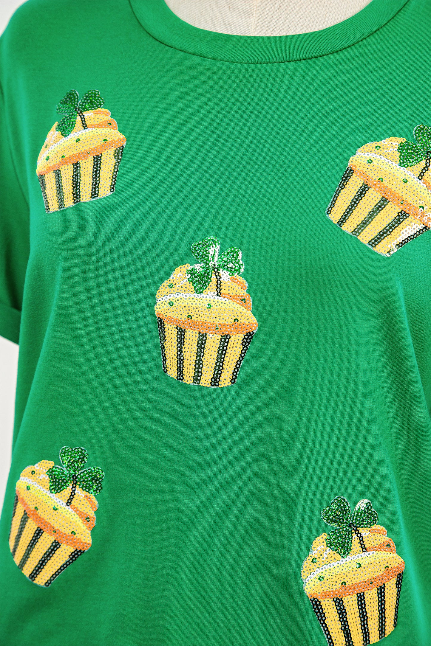 Bright Green St Patricks Day Sequin Cupcake Graphic T Shirt-Graphic/Graphic Tees-[Adult]-[Female]-2022 Online Blue Zone Planet