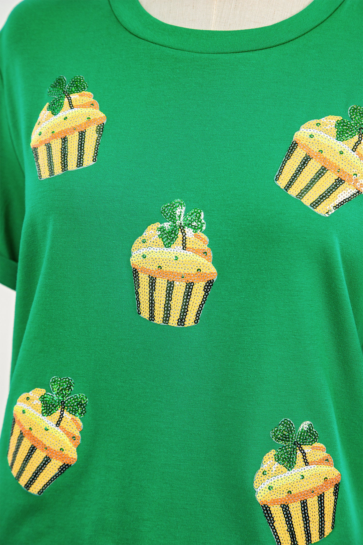 Bright Green St Patricks Day Sequin Cupcake Graphic T Shirt-Graphic/Graphic Tees-[Adult]-[Female]-2022 Online Blue Zone Planet