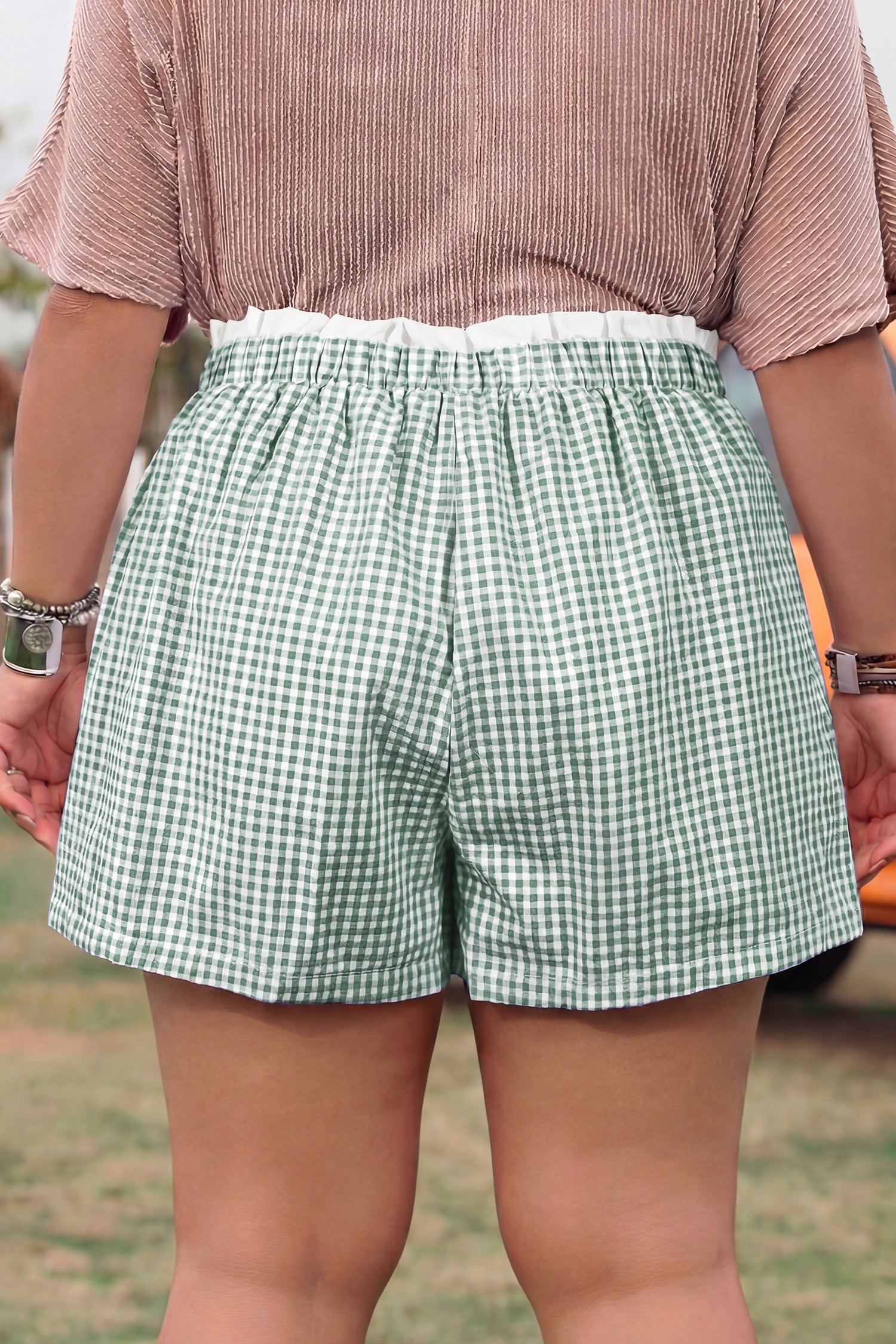 Green Contrast Trim Plaid Print Plus Size Shorts-Plus Size/Plus Size Bottoms-[Adult]-[Female]-2022 Online Blue Zone Planet