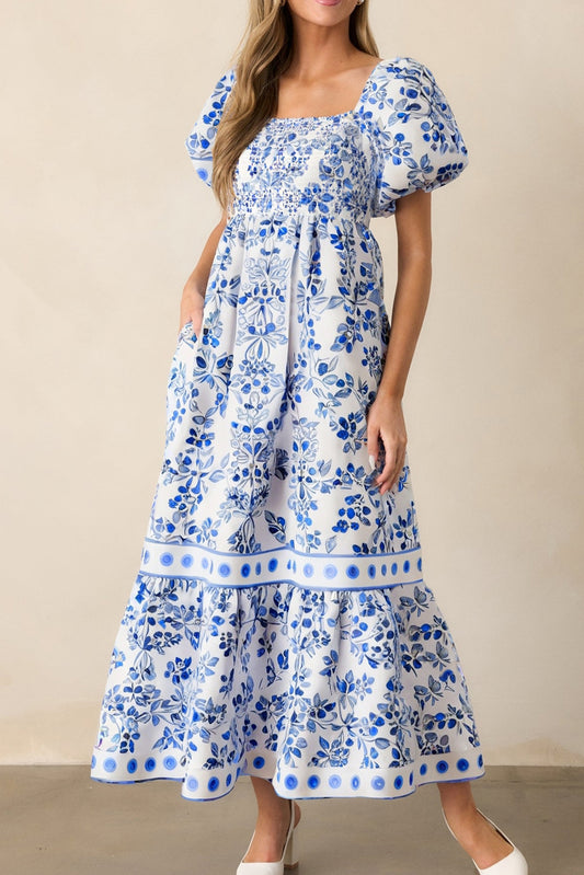 Sky Blue Floral Print Square Neck Bubble Sleeve High Waist Maxi Dress-Dresses/Maxi Dresses-[Adult]-[Female]-Sky Blue-S-2022 Online Blue Zone Planet