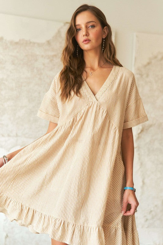 ADORA Ruffled Hem Striped V-Neck Babydoll Dress-TOPS / DRESSES-[Adult]-[Female]-2022 Online Blue Zone Planet