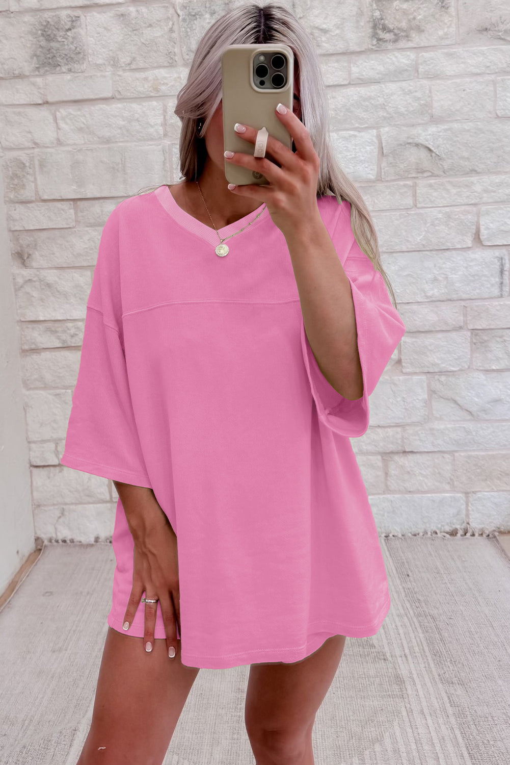 Bonbon Solid Loose V Neck Half Sleeve Tee and Shorts-Two Piece Sets/Short Sets-[Adult]-[Female]-2022 Online Blue Zone Planet