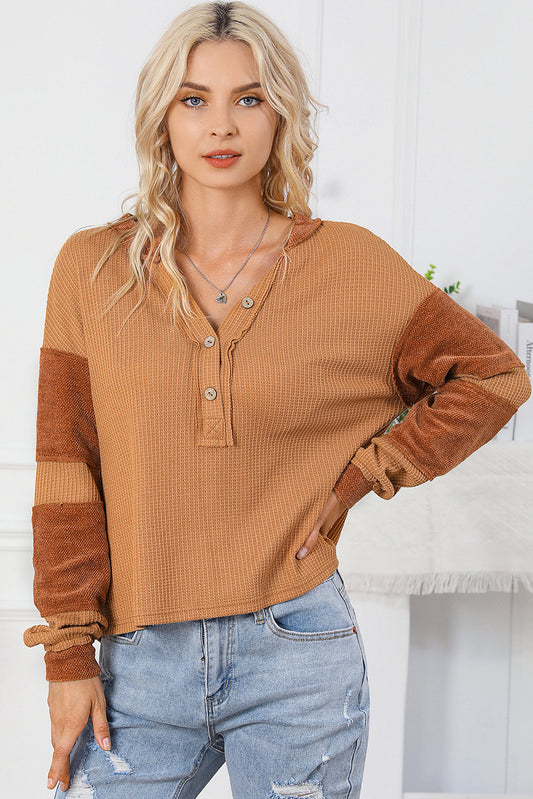 Orange Contrast Patched Exposed Seam Waffle Knit Henley Top-Sale (50% OFF)/30% OFF-[Adult]-[Female]-Orange-S-2022 Online Blue Zone Planet