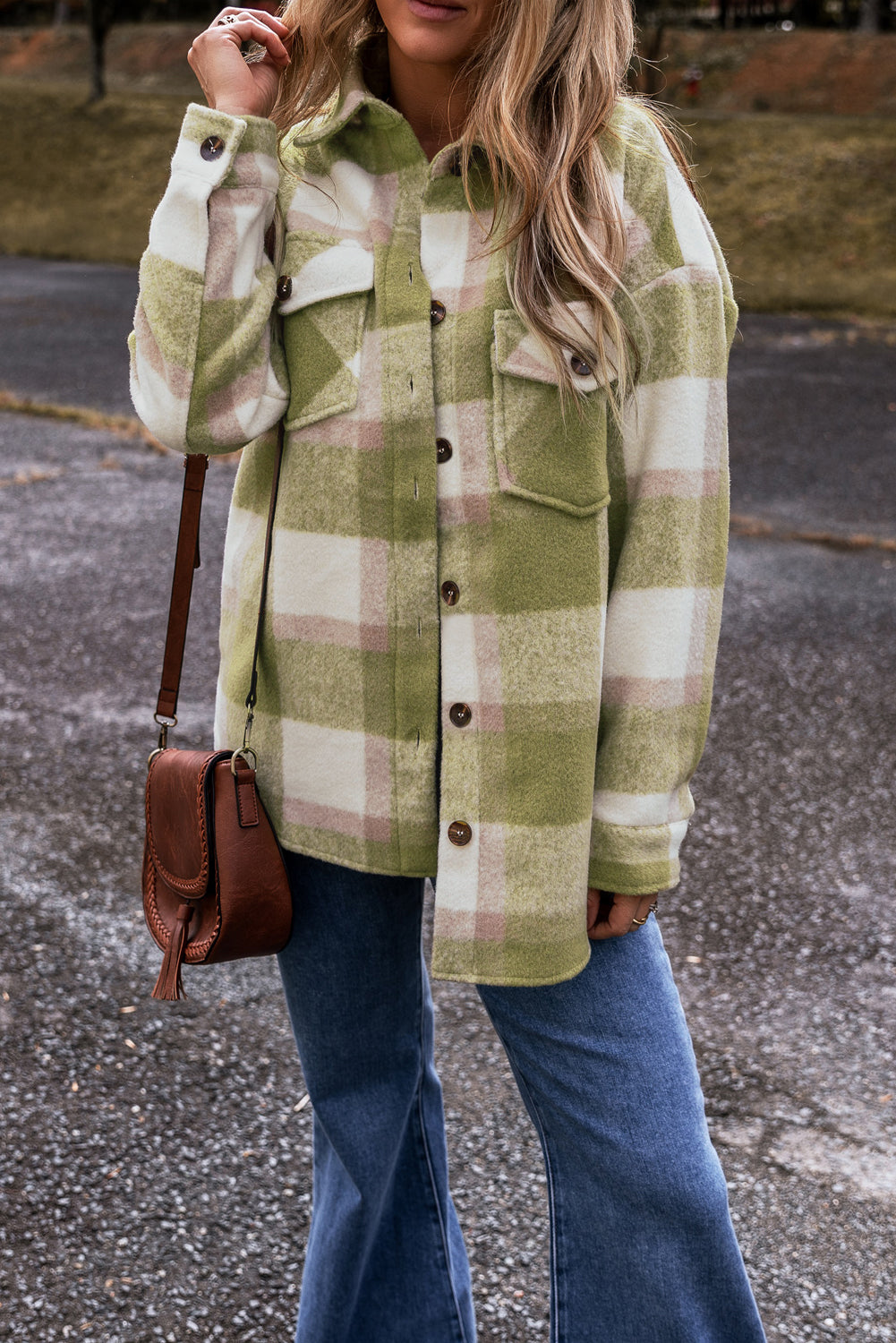 Sage Green Plaid Print Buttoned Flap Pockets Baggy Shacket-Outerwear/Plaid Shackets-[Adult]-[Female]-2022 Online Blue Zone Planet