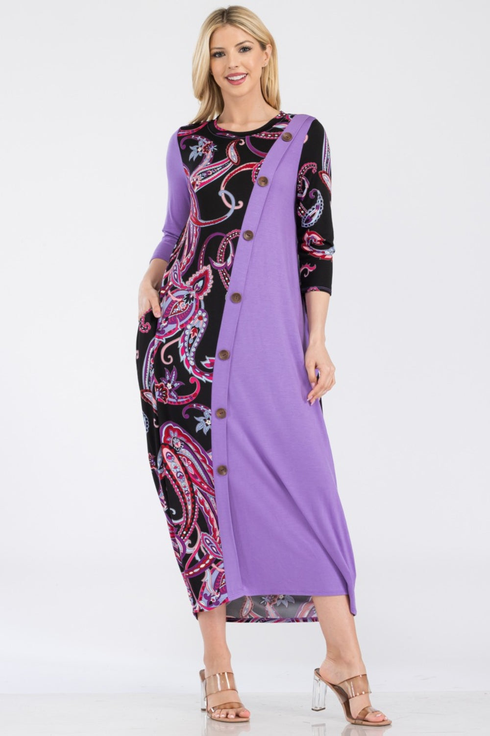 Celeste Full Size Paisley Contrast Midi Dress with Pockets-TOPS / DRESSES-[Adult]-[Female]-2022 Online Blue Zone Planet