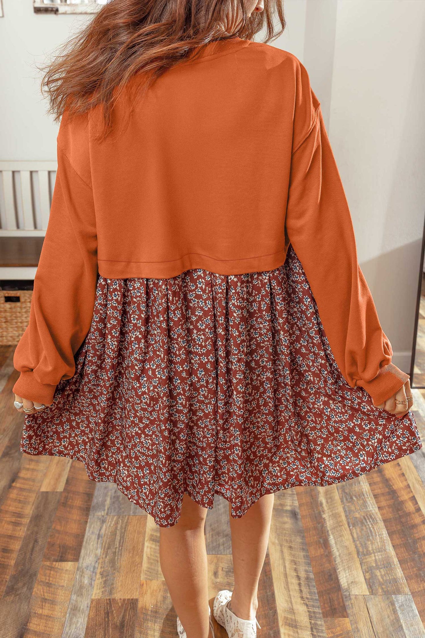 Orange Solid Long Sleeve Top Patchwork Floral Flared 2-in-1 Mini Dress-Dresses/Mini Dresses-[Adult]-[Female]-2022 Online Blue Zone Planet