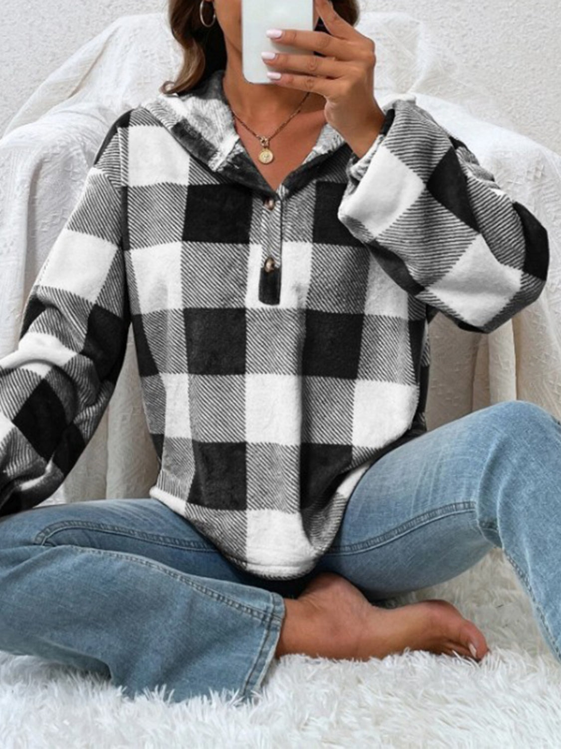 Plaid Half Button Long Sleeve Hoodie-TOPS / DRESSES-[Adult]-[Female]-2022 Online Blue Zone Planet