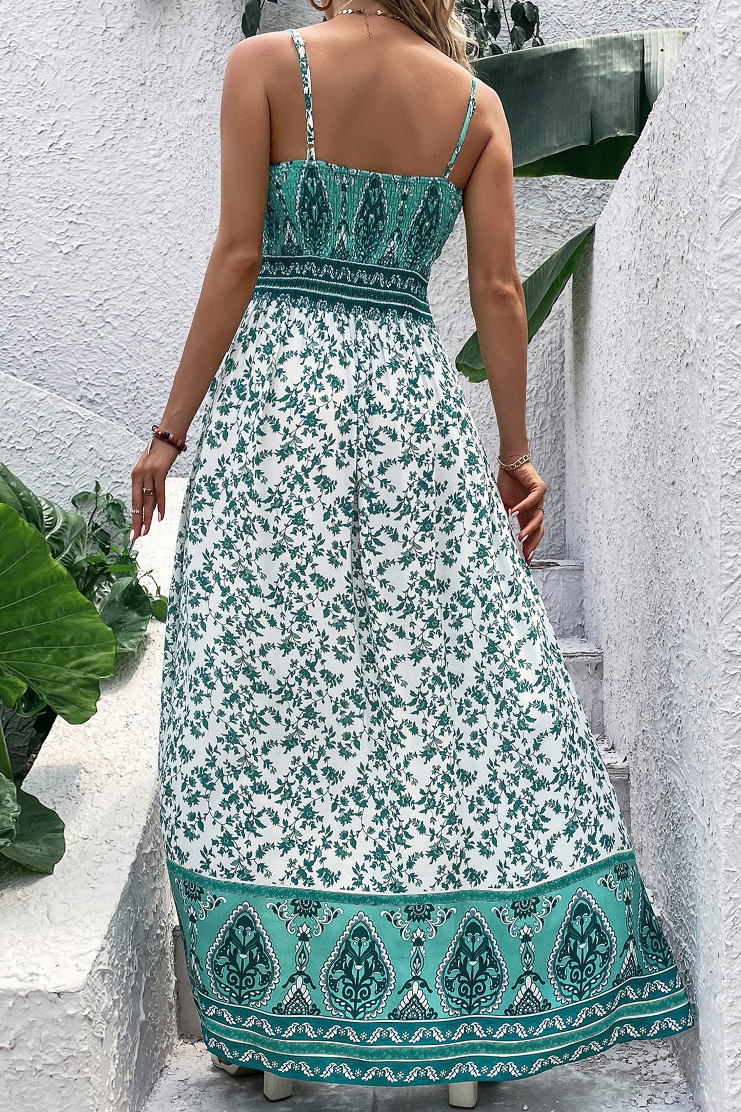 Green Boho Floral Print Shirred Cami Maxi Dress-Dresses/Maxi Dresses-[Adult]-[Female]-2022 Online Blue Zone Planet