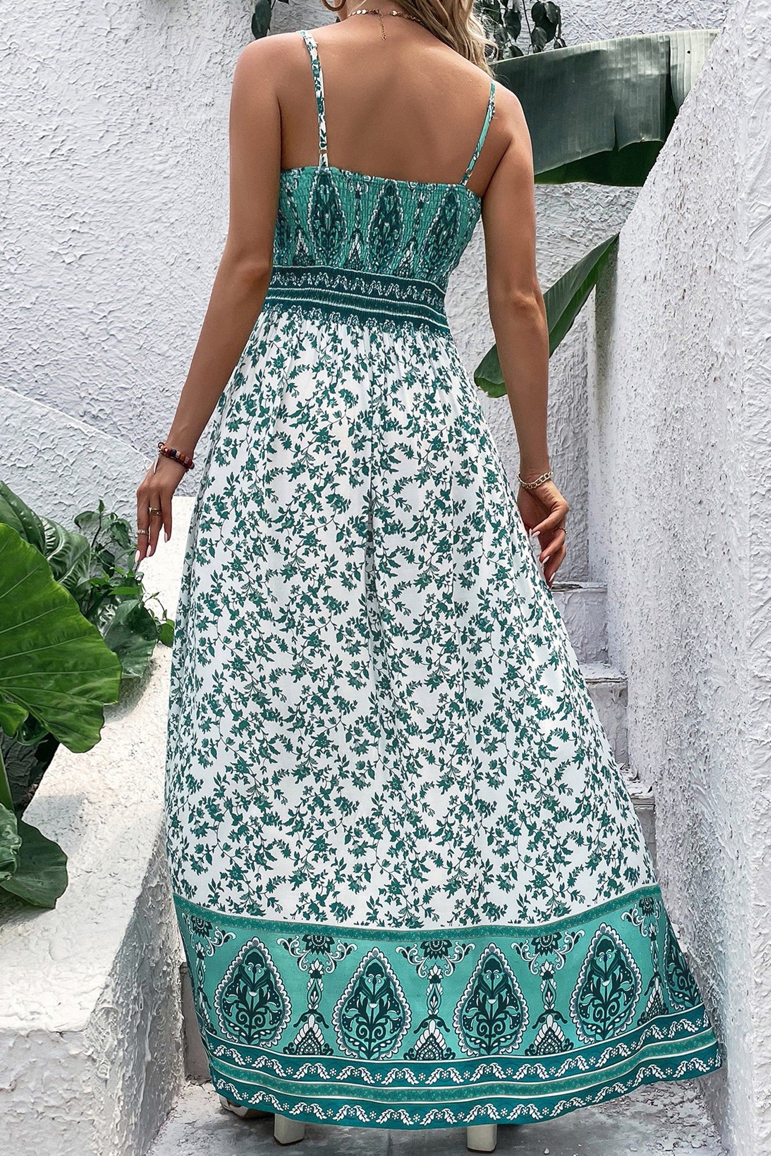 Green Boho Floral Print Shirred Cami Maxi Dress-Dresses/Maxi Dresses-[Adult]-[Female]-2022 Online Blue Zone Planet