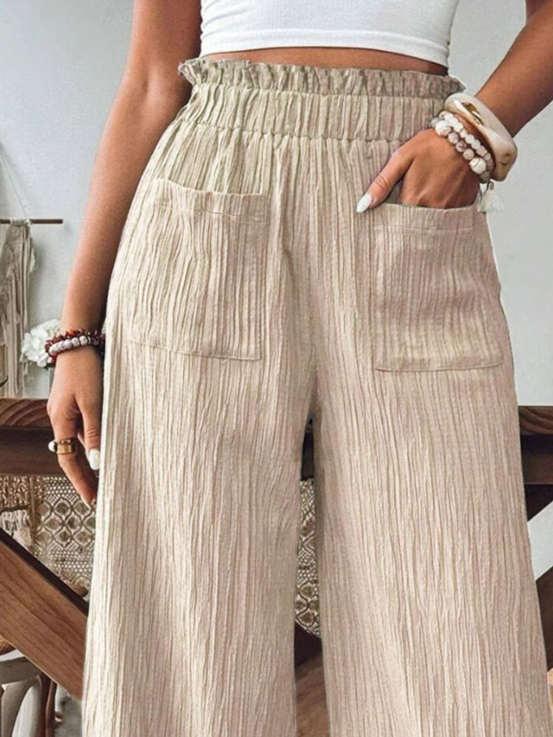 Frill Wide Leg Pants-BOTTOMS SIZES SMALL MEDIUM LARGE-[Adult]-[Female]-2022 Online Blue Zone Planet