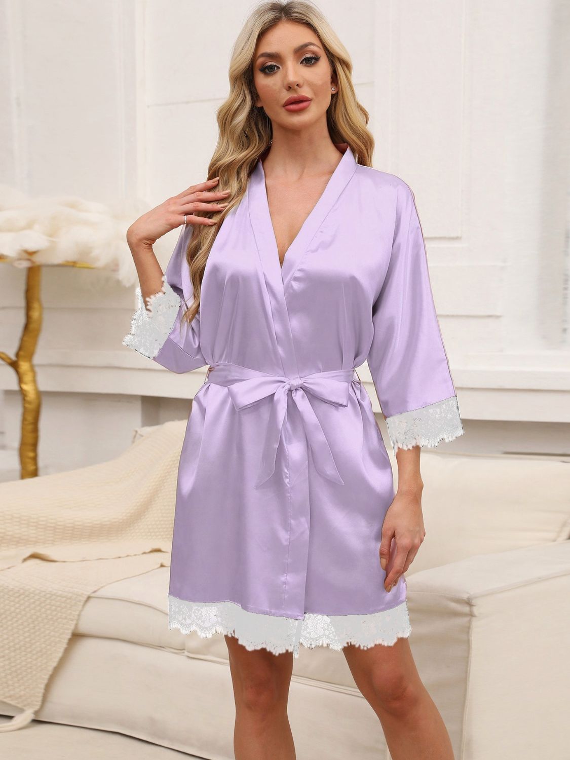 Tied Lace Detail Three-Quarter Sleeve Lounge Nightgown-TOPS / DRESSES-[Adult]-[Female]-Lilac-M-2022 Online Blue Zone Planet