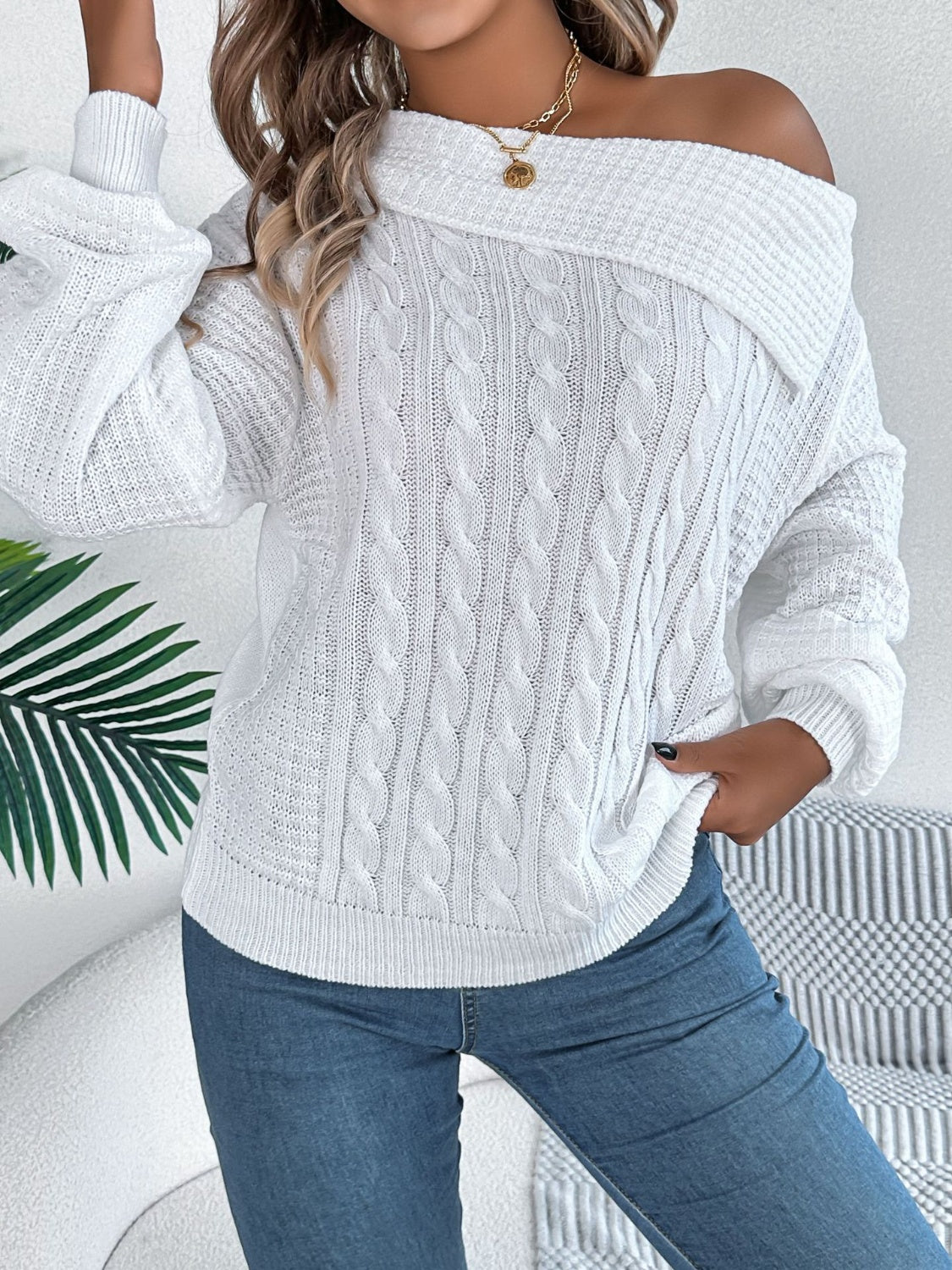 Cable-Knit One Shoulder Long Sleeve Sweater-TOPS / DRESSES-[Adult]-[Female]-White-S-2022 Online Blue Zone Planet