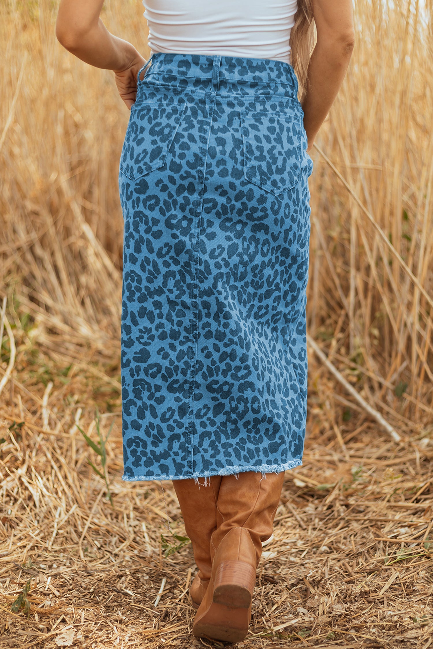 Sky Blue Leopard Denim Frayed Split Denim Midi Skirt-Bottoms/Skirts & Petticoat-[Adult]-[Female]-2022 Online Blue Zone Planet