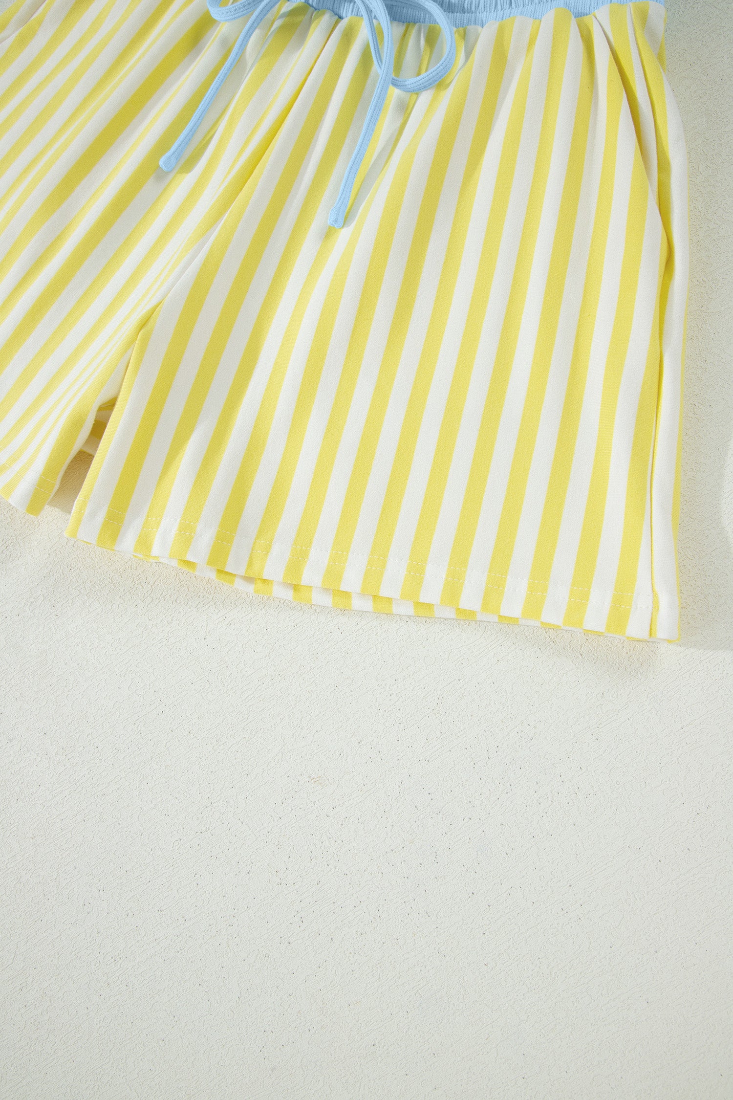 Yellow Stripe Colorblock Trim V Neck Tee Drawstring Elastic Waist Short Set-Two Piece Sets/Short Sets-[Adult]-[Female]-2022 Online Blue Zone Planet