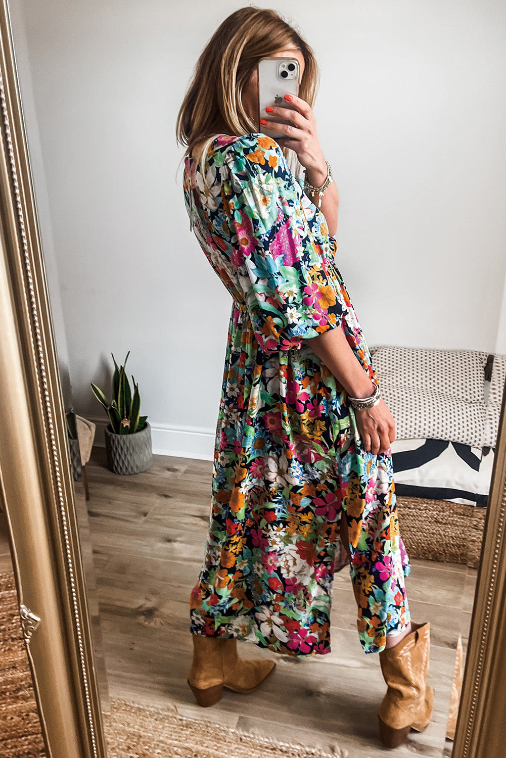 Green Boho Floral Puff Sleeve V Neck Tassel Drawstring Midi Dress-Midi Dresses-[Adult]-[Female]-2022 Online Blue Zone Planet