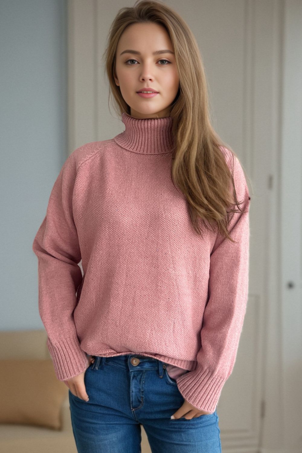 Blue Zone Planet | Ribbed Turtleneck Raglan Sleeve Sweater-TOPS / DRESSES-[Adult]-[Female]-2022 Online Blue Zone Planet